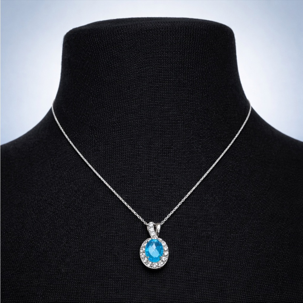 Oval 2.66 ct. Blue and White Topaz 18” Silver Necklace GUC Perfect Bride’s Gift
